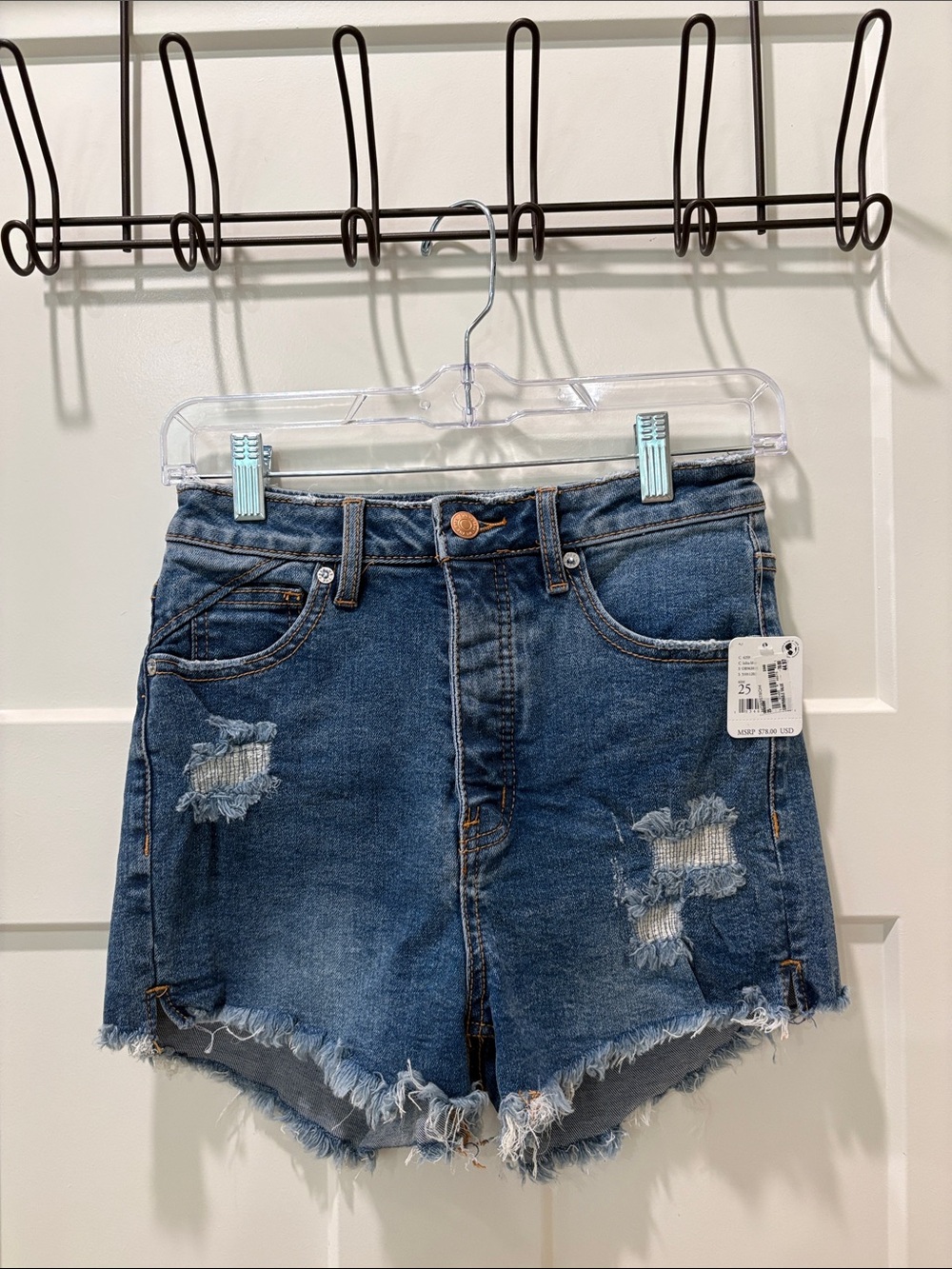 Free People Distressed Mid-Blue High-Rise Denim Shorts